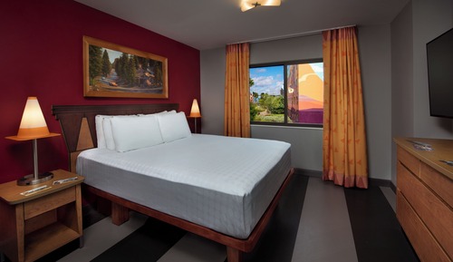 Cars Family Suites. Wheelchair accessible with tub and option for hearing accessibility.  1 queen be